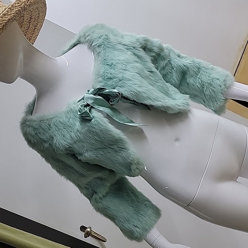 bebe Mint Green Faux Fur Cropped Bolero with Satin Tie